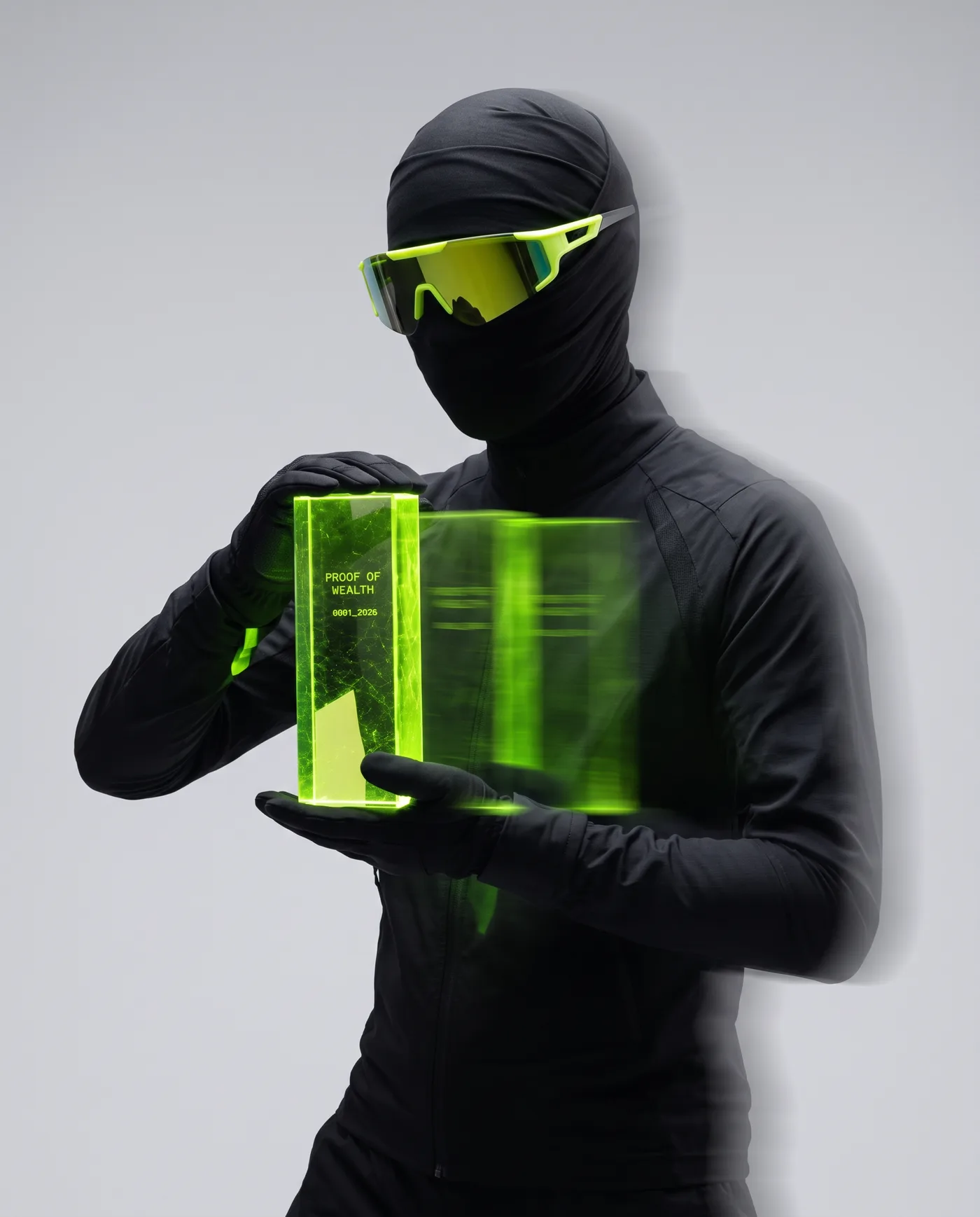 Anonymous holder in a black balaclava and lime visor presenting the trophy