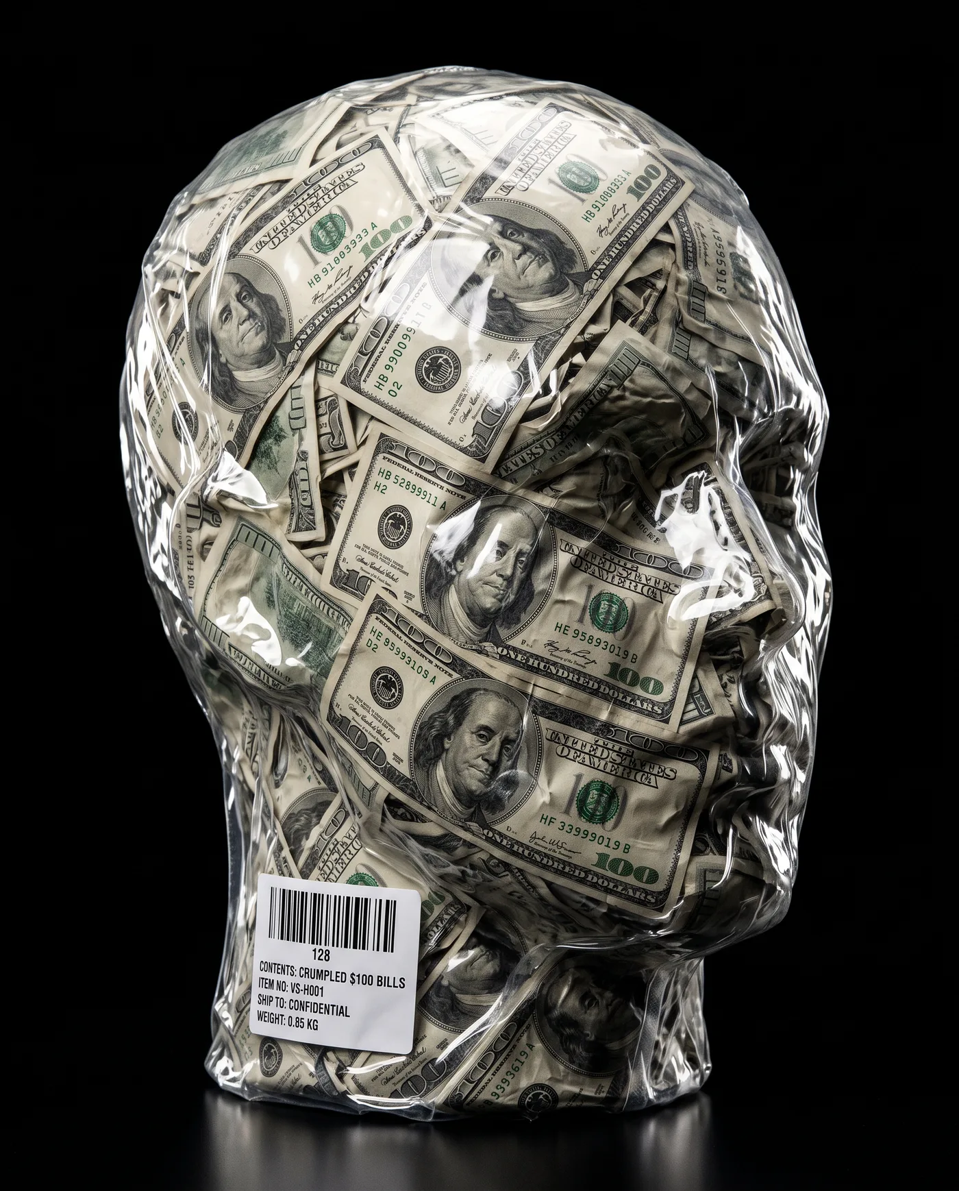 A human head made of hundred-dollar bills, vacuum sealed in plastic