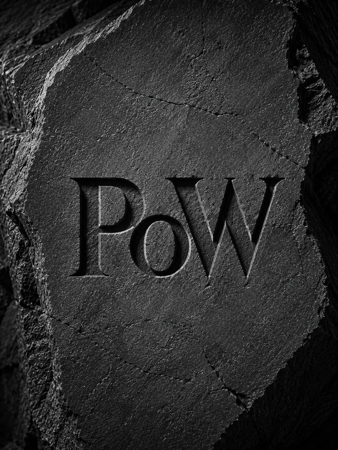 PoW monogram carved into black basalt
