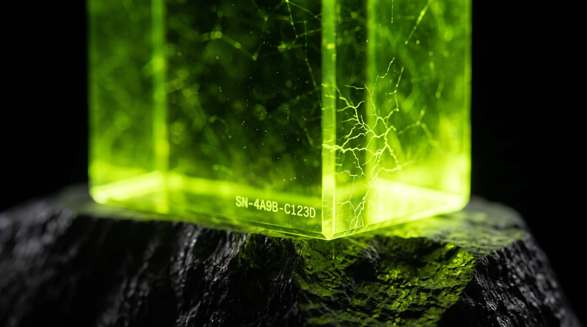 Macro of the trophy base with its laser-engraved serial